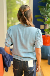 V-Neck Embroidered Sleeve Top - Denim