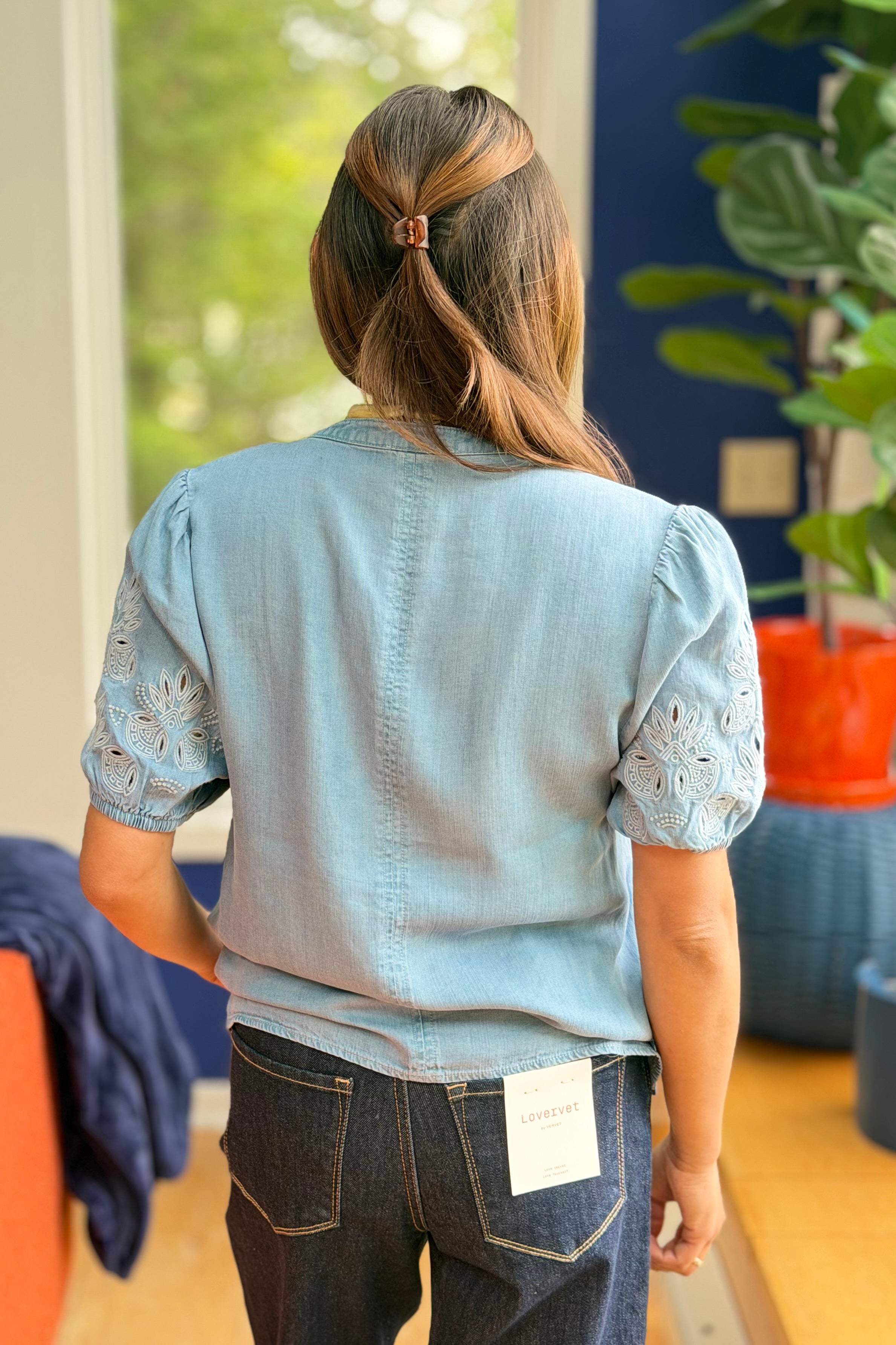 V-Neck Embroidered Sleeve Top - Denim