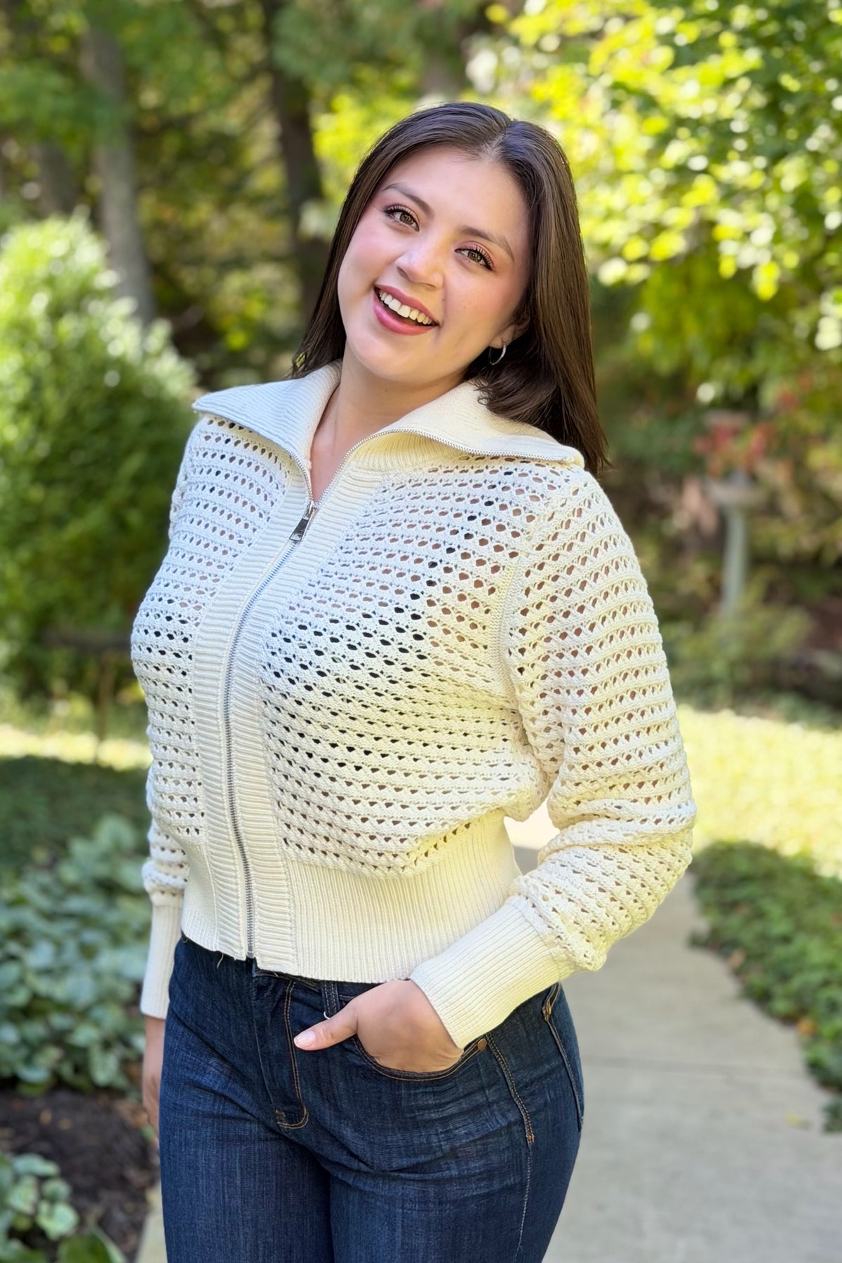 Zip-Up Open Knit Cardigan - Stone