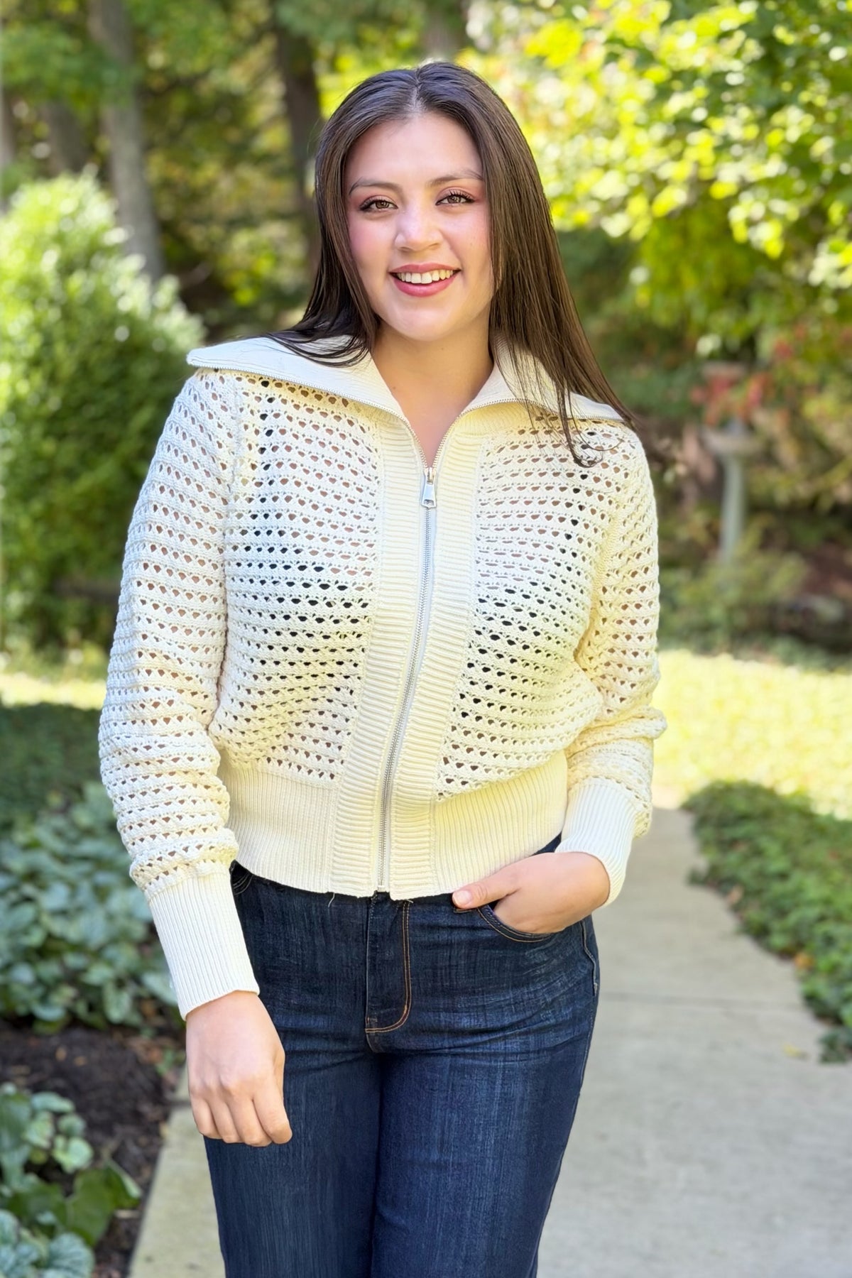 Zip-Up Open Knit Cardigan - Stone