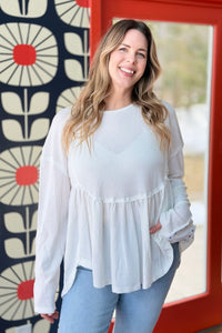Relaxed Waffle Babydoll Long Sleeve Top