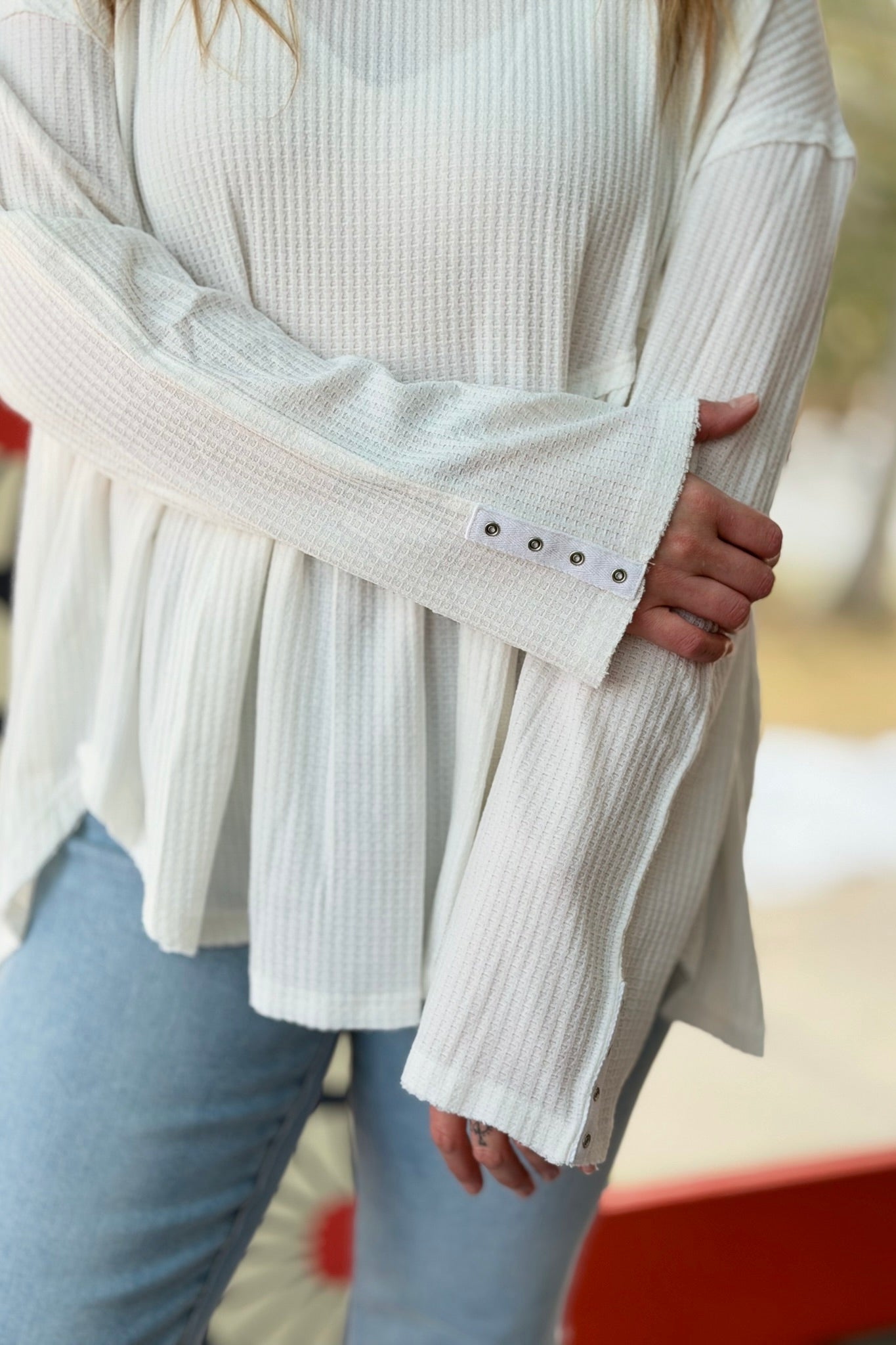 Relaxed Waffle Babydoll Long Sleeve Top