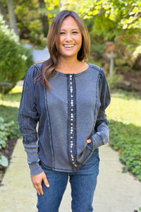 Button Detail Ribbed Top - Smoke