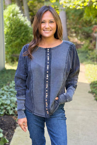 Button Detail Ribbed Top - Smoke