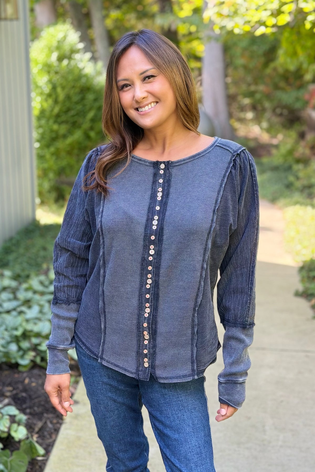 Button Detail Ribbed Top - Smoke