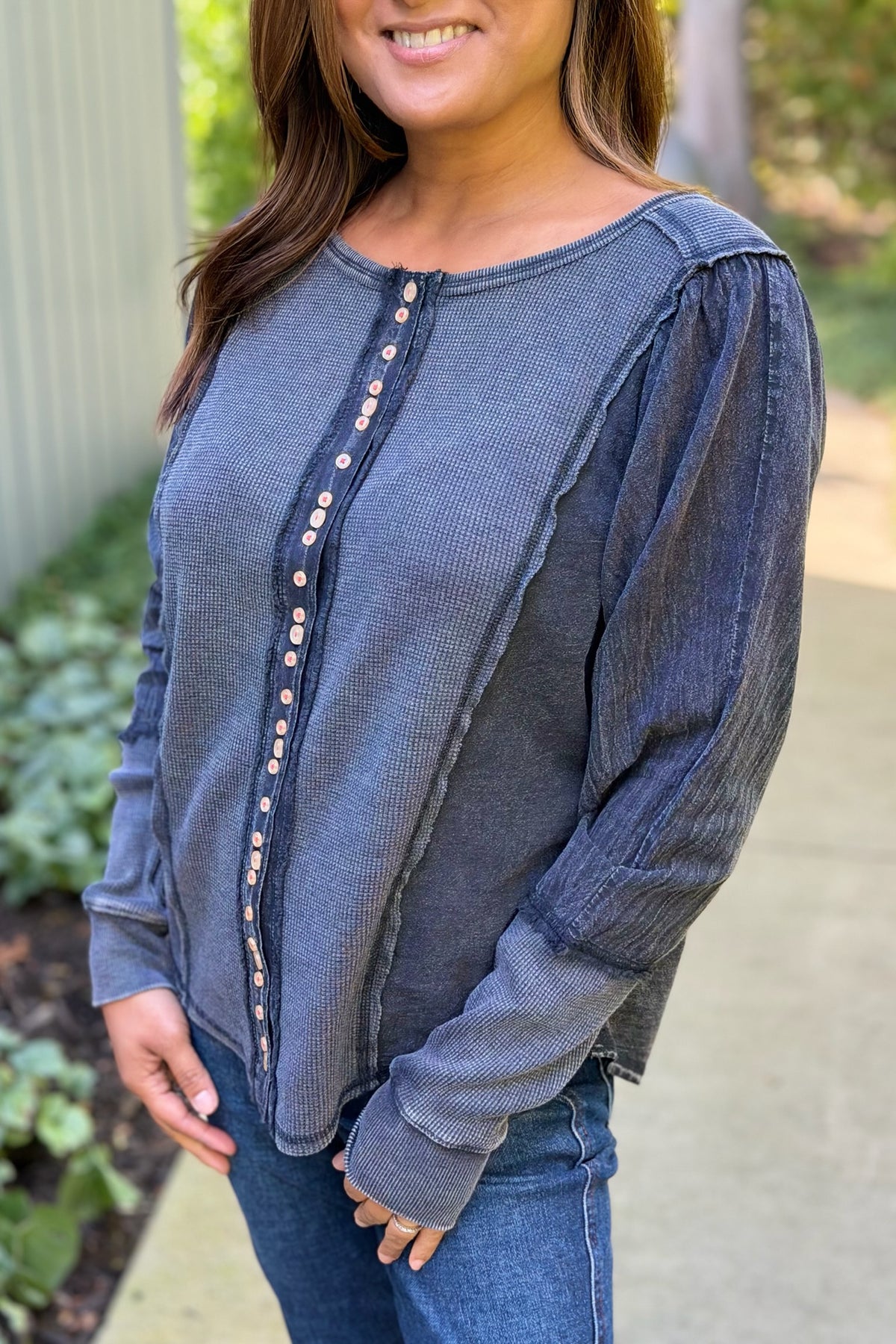 Button Detail Ribbed Top - Smoke