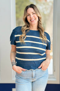 Scalloped Edge Short Sleeve Sweater - Galaxy