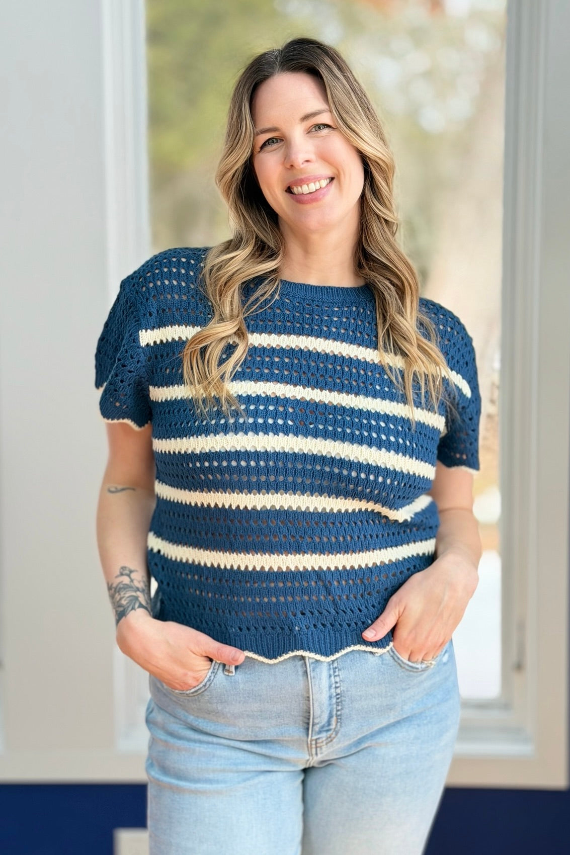 Scalloped Edge Short Sleeve Sweater - Galaxy