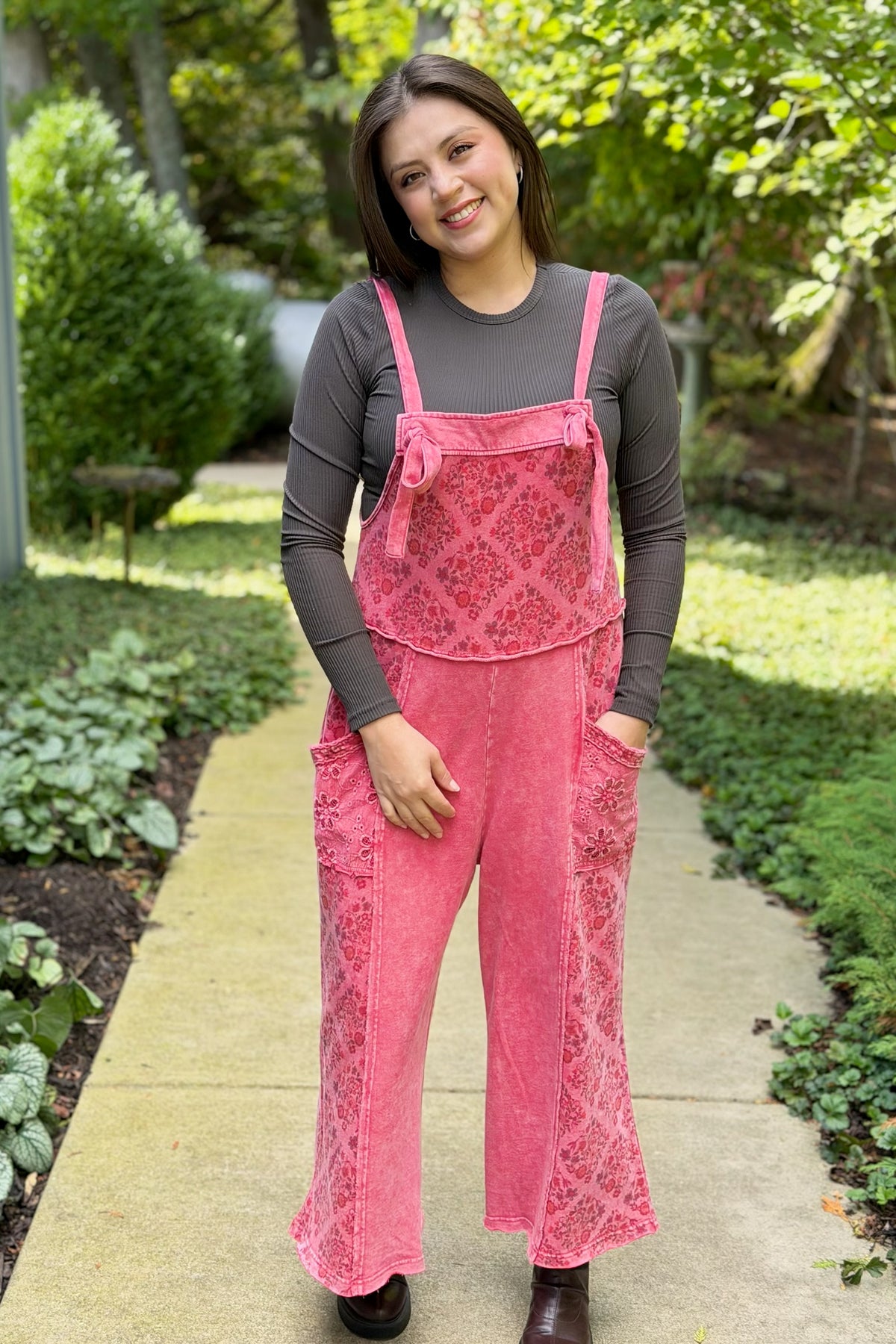 Patchwork Floral Jumpsuit - Red
