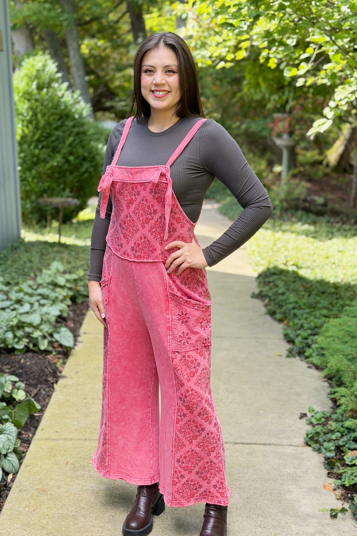 Patchwork Floral Jumpsuit - Red