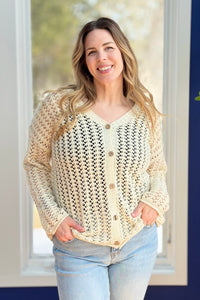 Open Knit Crochet Cardigan - Almond
