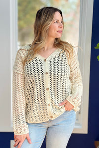 Open Knit Crochet Cardigan - Almond