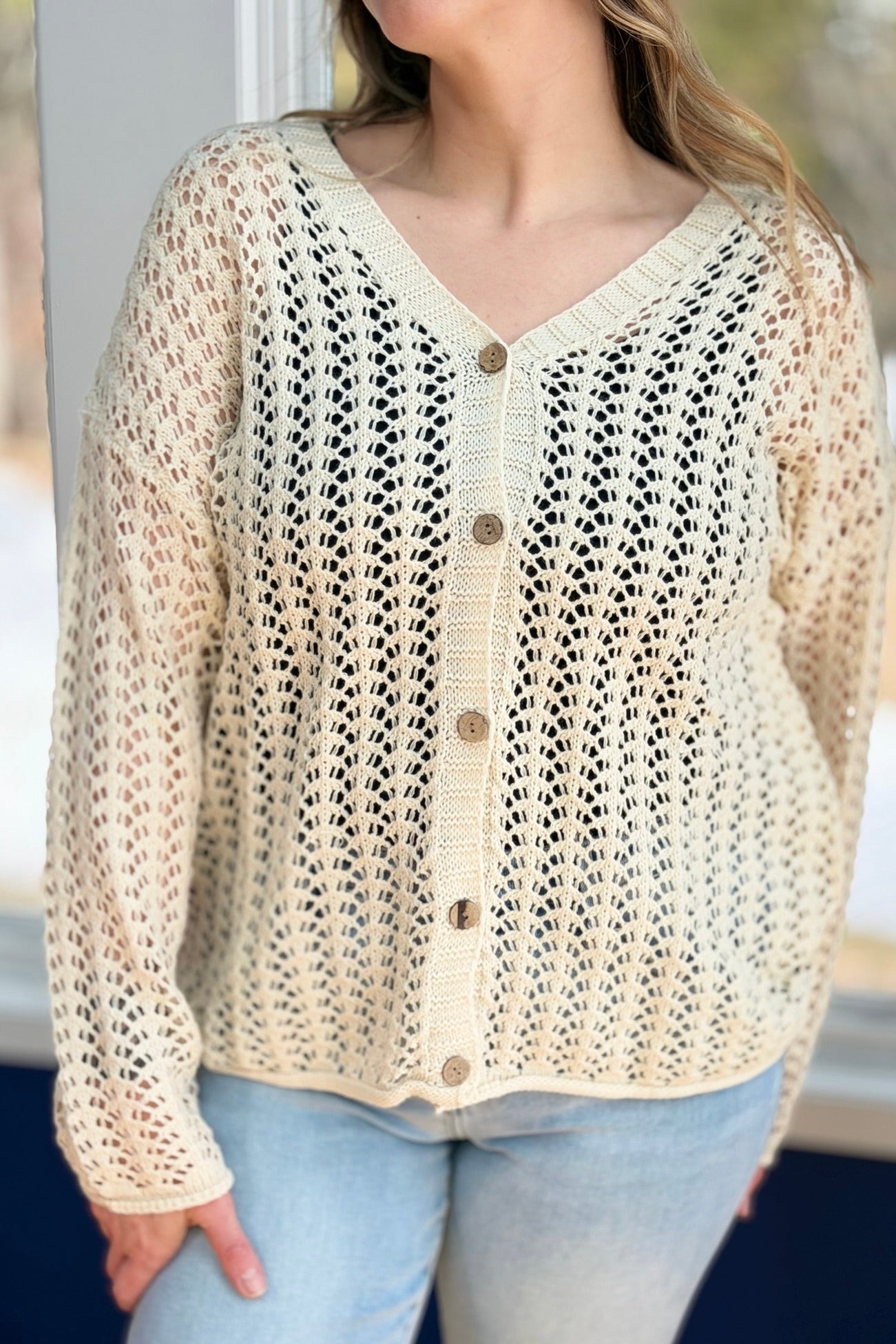 Open Knit Crochet Cardigan - Almond