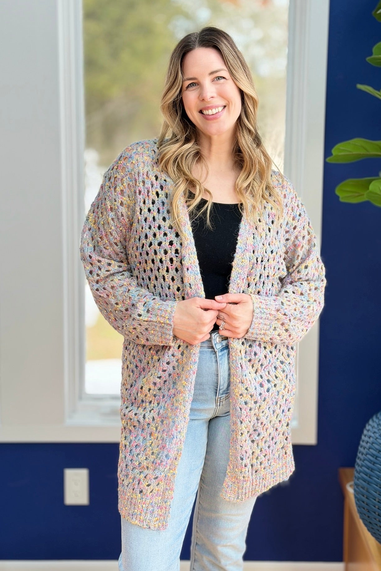 Open Knit Cardigan - Grey Multi