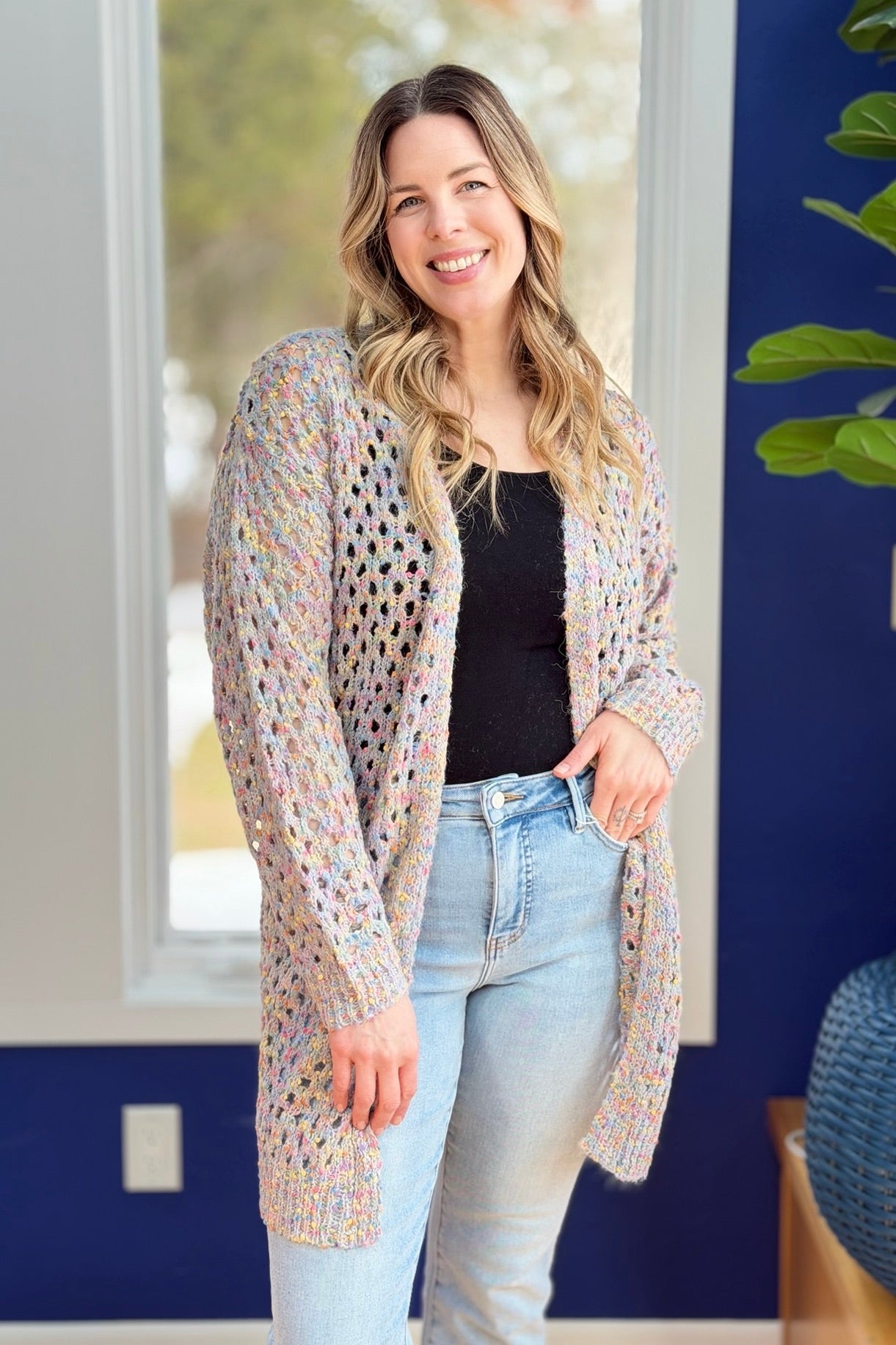 Open Knit Cardigan - Grey Multi