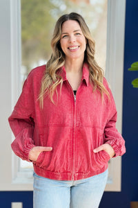Front Zip Up Washed Jacket - Red