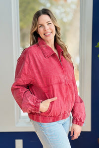 Front Zip Up Washed Jacket - Red