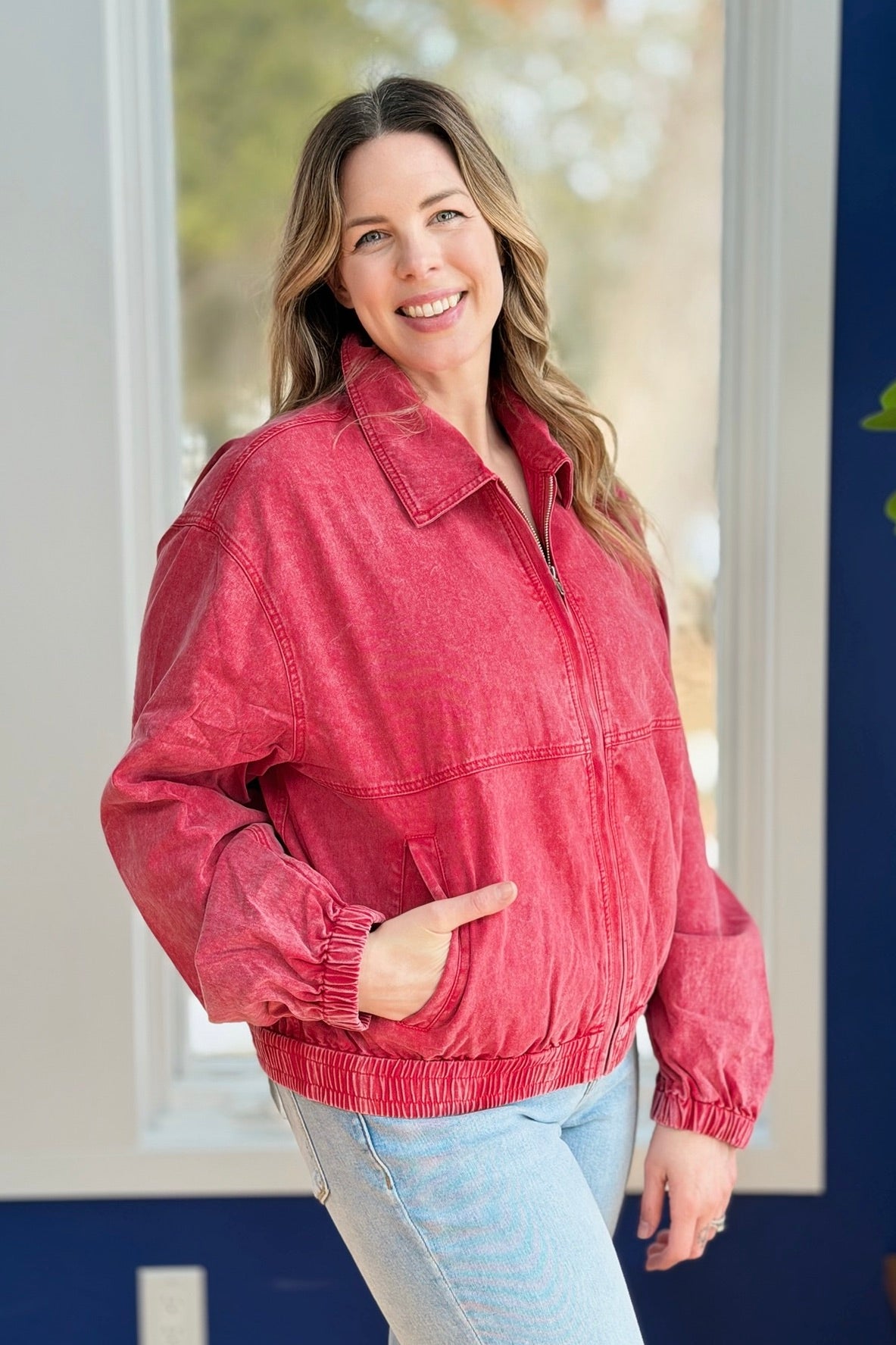 Front Zip Up Washed Jacket - Red