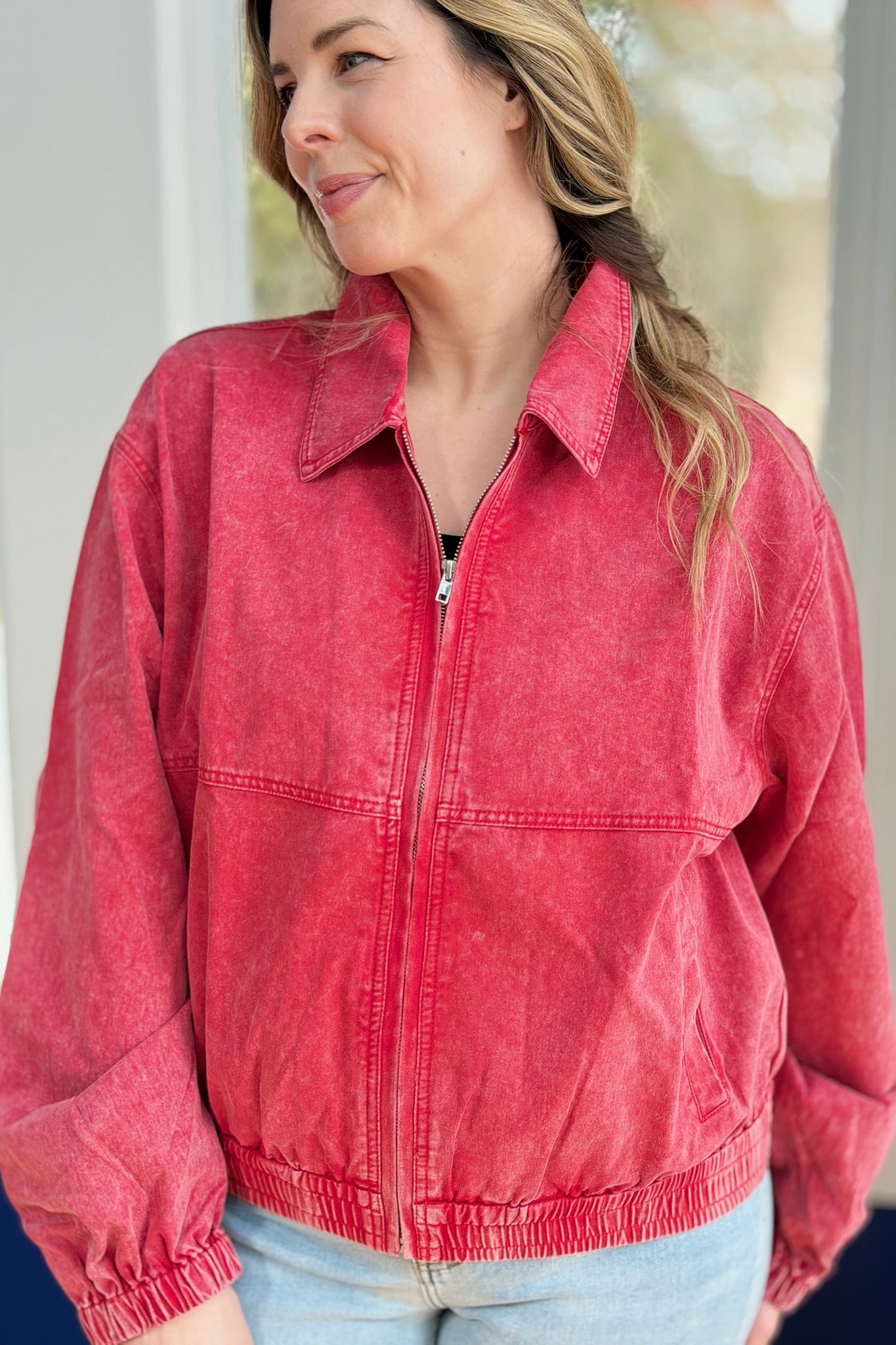 Front Zip Up Washed Jacket - Red