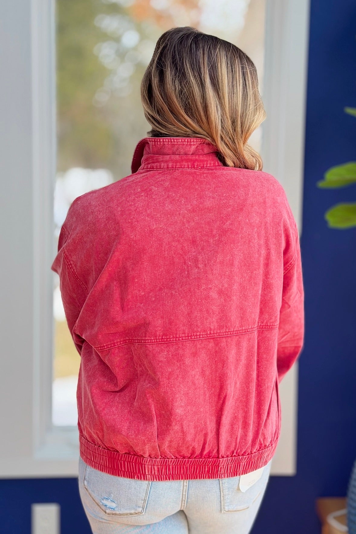 Front Zip Up Washed Jacket - Red