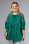 Linen Embroidered Boxy Top - Emerald Green