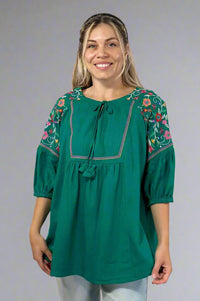 Linen Embroidered Boxy Top - Emerald Green
