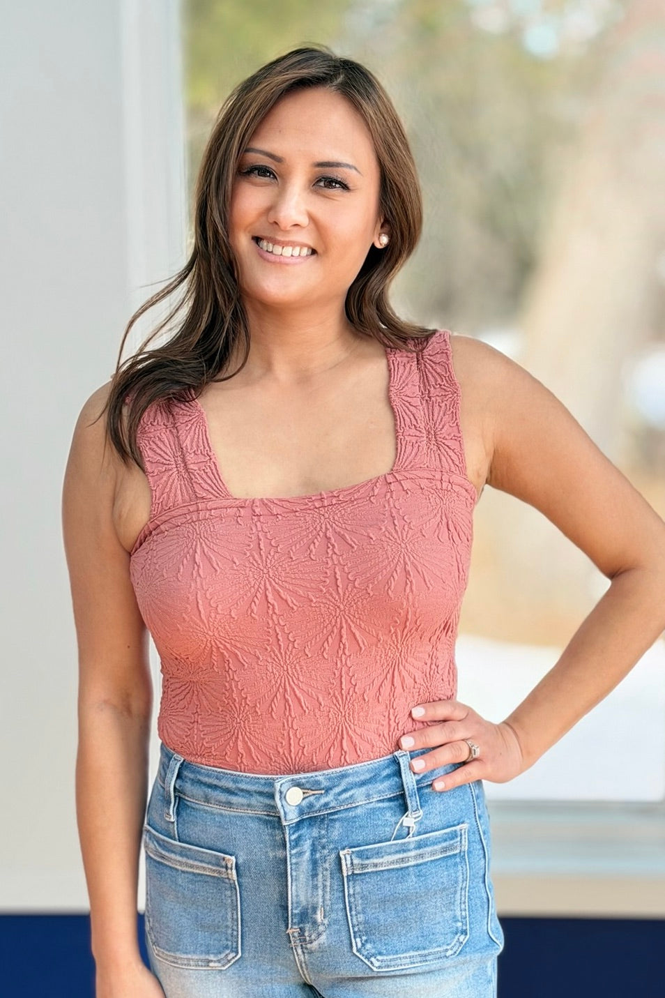 Flowers Jacquard Fitted Tank - Rose