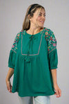 Linen Embroidered Boxy Top - Emerald Green
