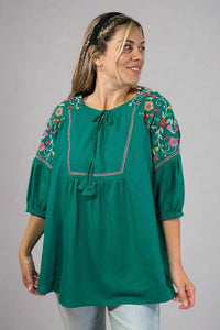 Linen Embroidered Boxy Top - Emerald Green