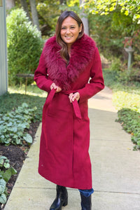 Monarch Faux Fur-Collar Coat - Dark Red