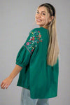Linen Embroidered Boxy Top - Emerald Green