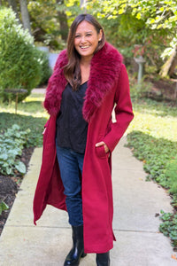 Monarch Faux Fur-Collar Coat - Dark Red