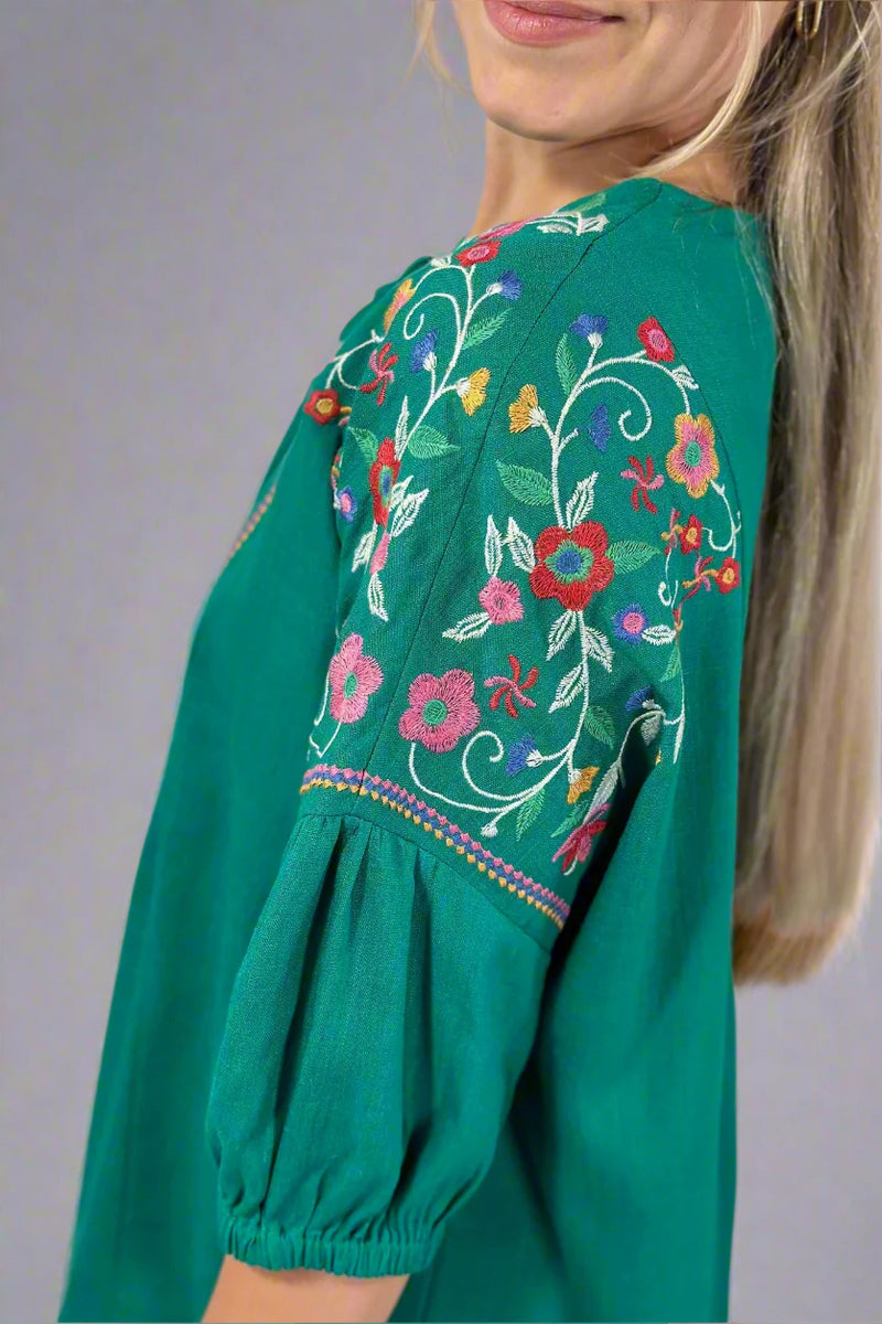 Linen Embroidered Boxy Top - Emerald Green