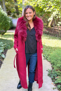 Monarch Faux Fur-Collar Coat - Dark Red