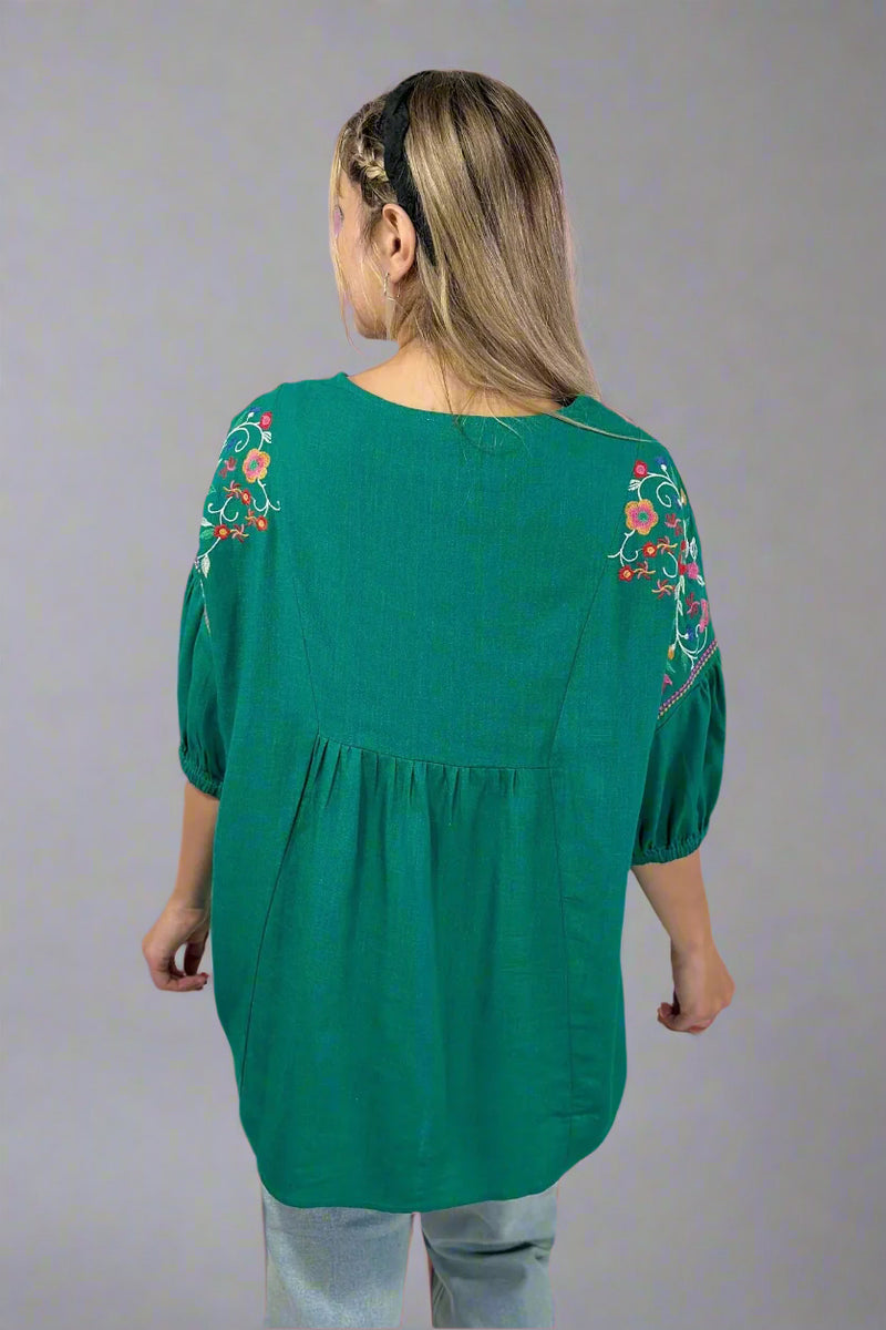 Linen Embroidered Boxy Top - Emerald Green