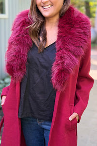 Monarch Faux Fur-Collar Coat - Dark Red