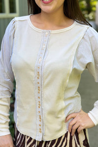 Button Detail Ribbed Top - Ecru