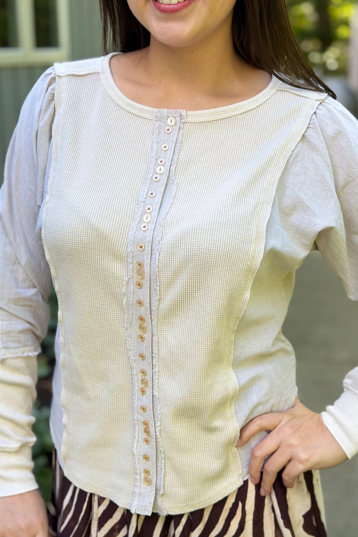 Button Detail Ribbed Top - Ecru