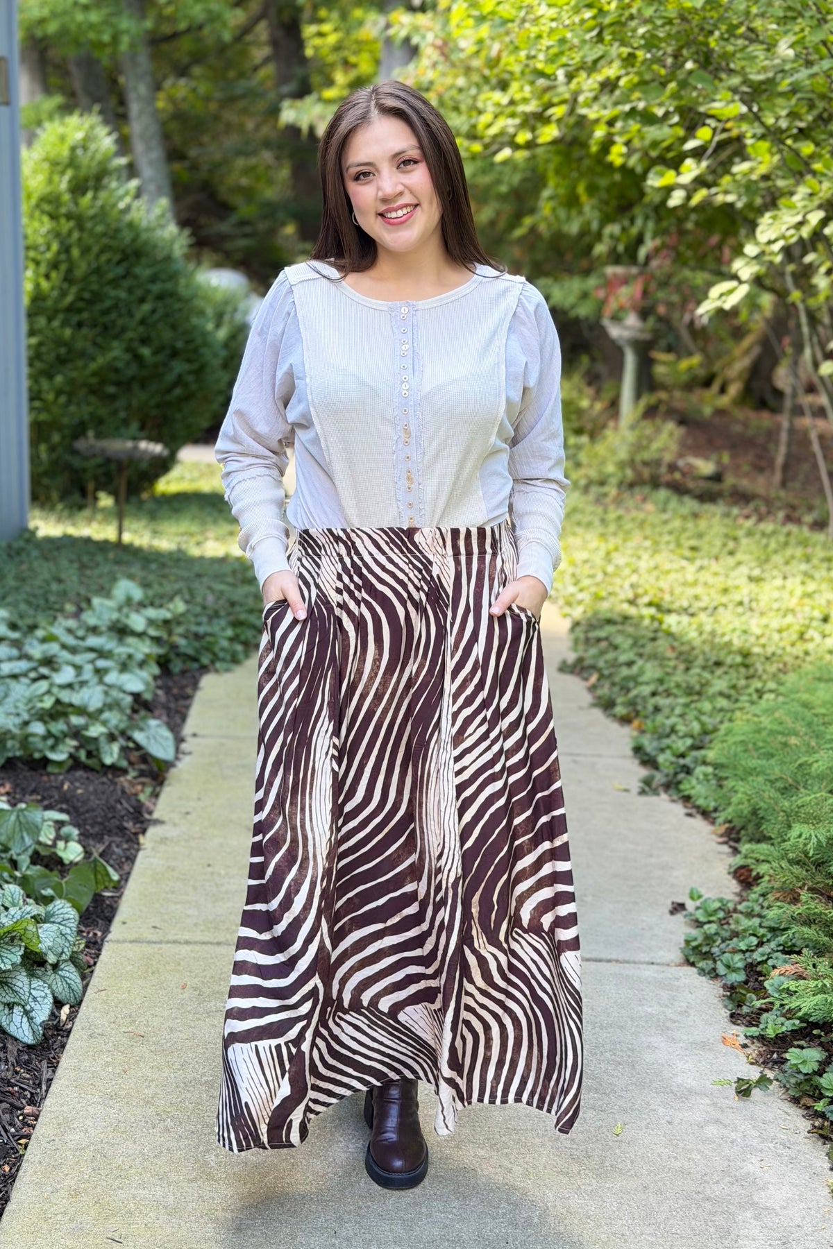 Zebra Print Maxi Skirt - Brown