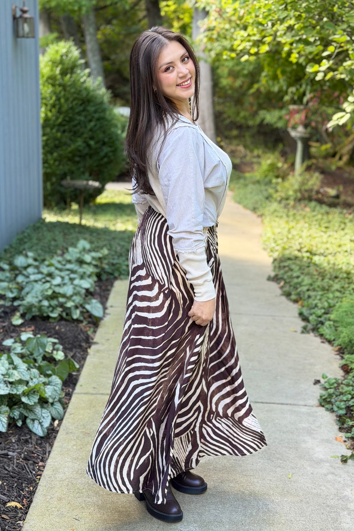Zebra Print Maxi Skirt - Brown