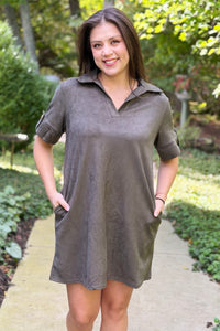 Collared Suede Mini Dress - Olive