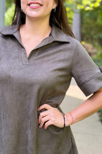 Collared Suede Mini Dress - Olive