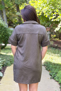 Collared Suede Mini Dress - Olive
