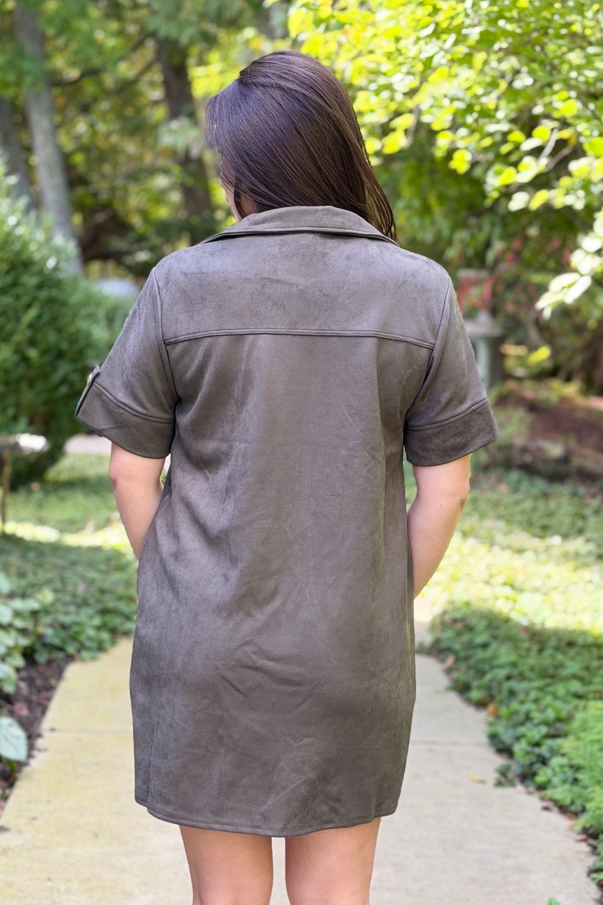 Collared Suede Mini Dress - Olive