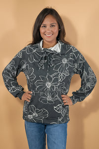 Textured Floral Hooded Pullover - Black