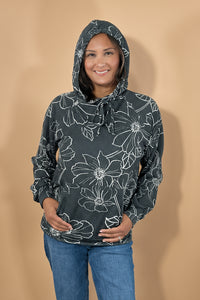 Textured Floral Hooded Pullover - Black
