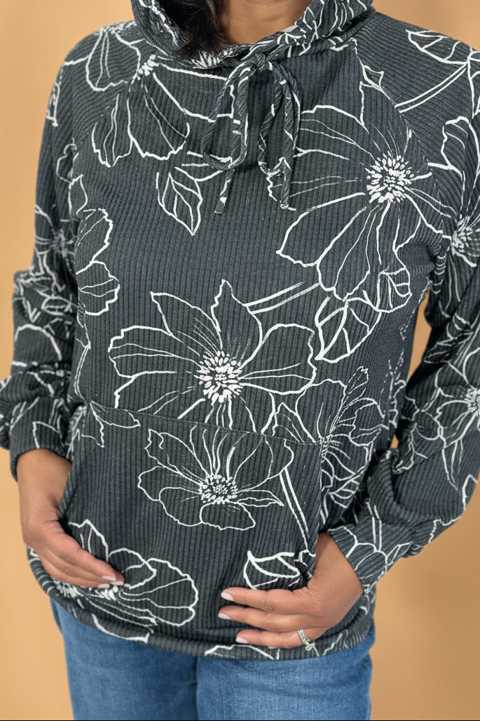 Textured Floral Hooded Pullover - Black