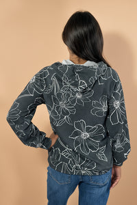 Textured Floral Hooded Pullover - Black