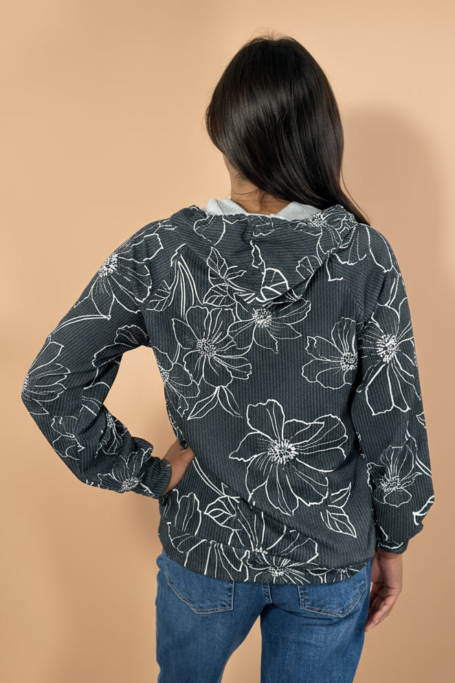 Textured Floral Hooded Pullover - Black