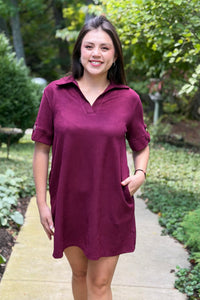 Collared Suede Mini Dress - Wine